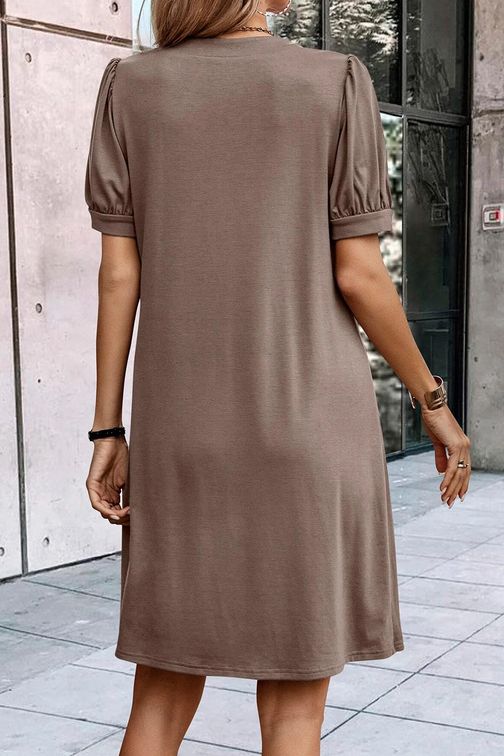 Desert Palm Puff Sleeve Notched Neck Pleated Mini Dress Dresses JT's Designer Fashion