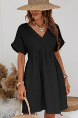 Black Folded Short Sleeve Lace V Neck Mini Dress Dresses JT's Designer Fashion