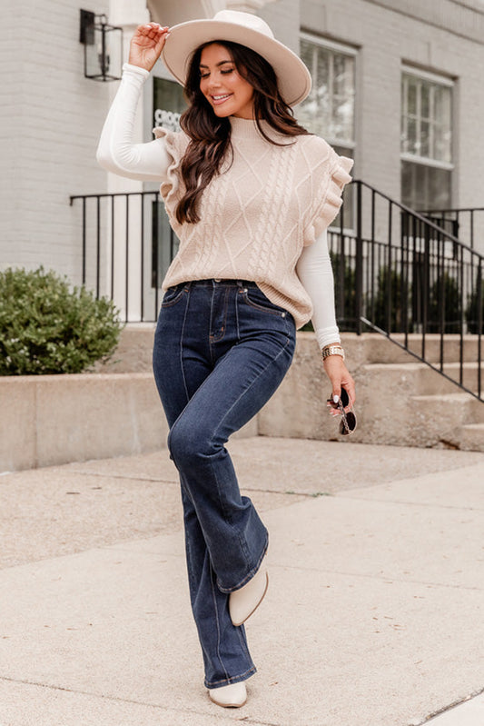 Parchment Retro Cable Knit Ruffle Sleeveless Sweater Bottoms JT's Designer Fashion