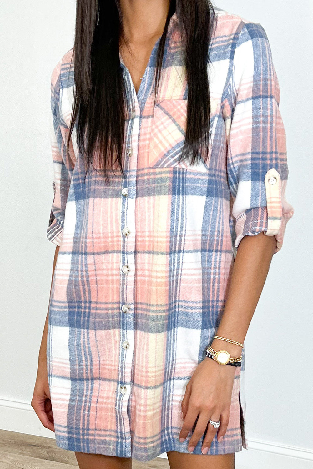 Pink Plaid Roll-tab Sleeve Side Slit Shirt Dress Dresses JT's Designer Fashion