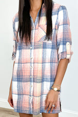 Pink Plaid Roll-tab Sleeve Side Slit Shirt Dress Dresses JT's Designer Fashion
