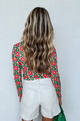 Red Retro Floral Mesh Long Sleeve Top Bottoms JT's Designer Fashion