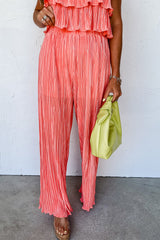 Pale Chestnut Ruffle Tiered Cami Pleated Wide Leg Pants Set Bottoms JT's Designer Fashion