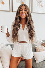 White Waffle Knit Buttoned Long Sleeve Crop and Shorts Lounge Set Loungewear JT's Designer Fashion