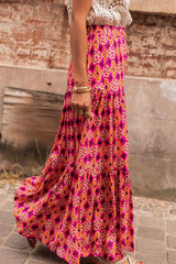 Rose Geometric Floral Print Tiered Maxi Skirt Bottoms JT's Designer Fashion
