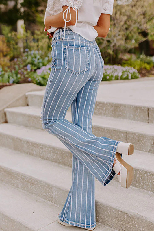 Sky Blue Vertical Striped Ripped Flare Jeans Bottoms JT's Designer Fashion