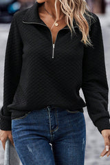 Black Solid Half Zipper Quilted Pullover Sweatshirt Sweatshirts & Hoodies JT's Designer Fashion