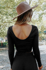 Black Solid Color Ribbed Crop Top Long Pants Set Bottoms JT's Designer Fashion
