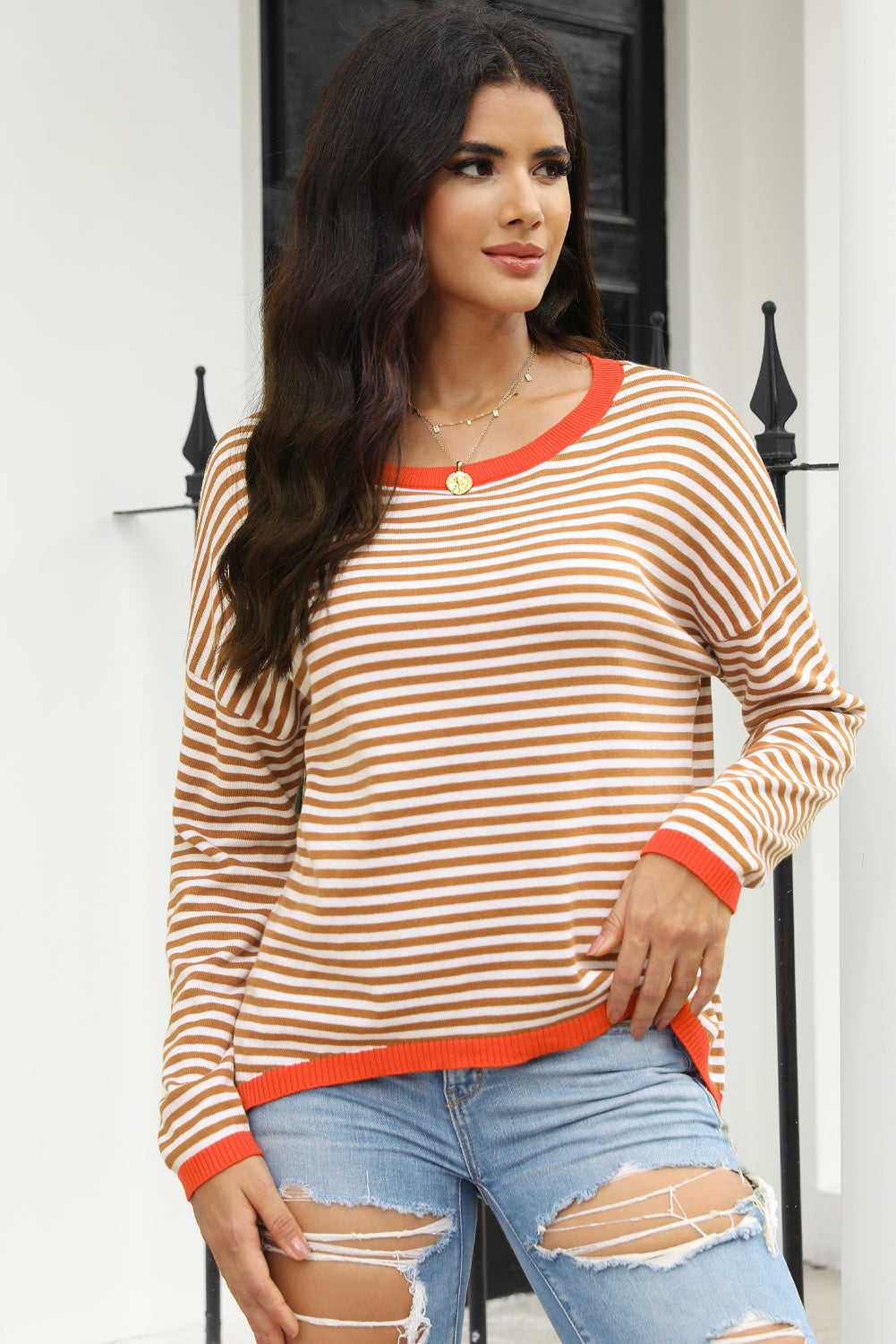 Brown Contrast Trimmed Striped Drop Shoulder Sweater Sweaters & Cardigans JT's Designer Fashion