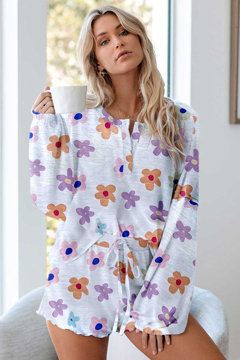 White Floral Long Sleeve Henley Top and Drawstring Shorts Set Loungewear JT's Designer Fashion