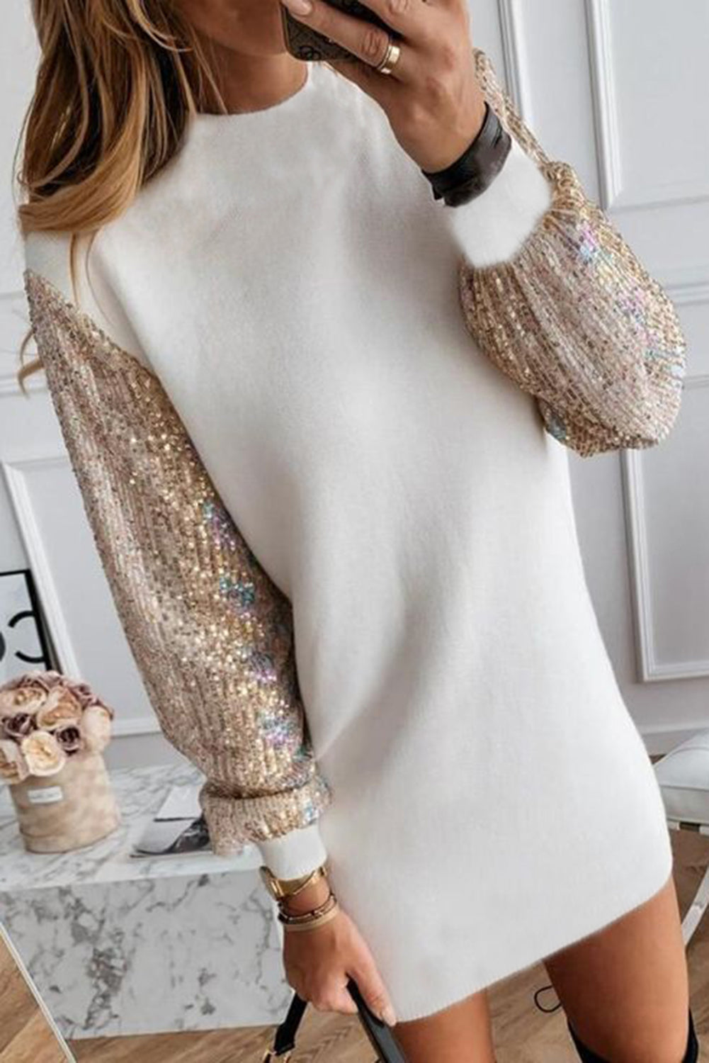 Bright White Sequin Sleeve Shift Mini Dress Dresses JT's Designer Fashion