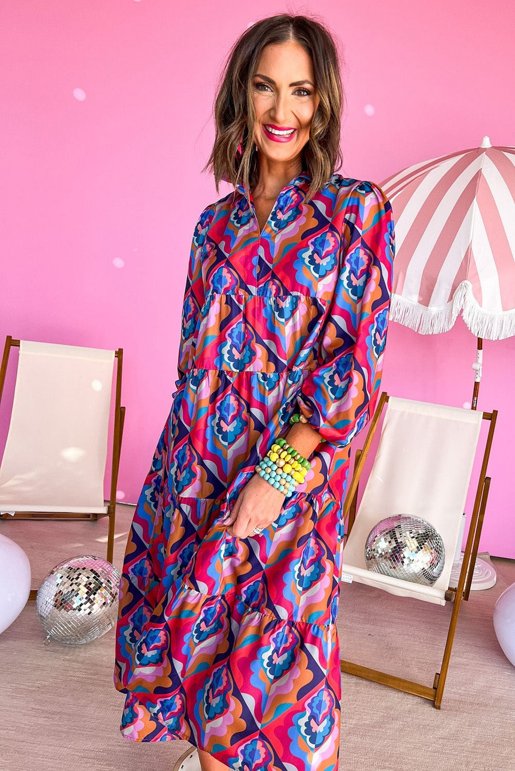 Multicolor-2 Abstract Geometric Print Long Sleeve High Waist Dress Dresses JT's Designer Fashion