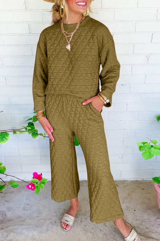sage Green Solid Quilted Long Sleeve Top Pants Outfit Bottoms JT's Designer Fashion