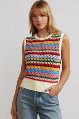 White Colorful Blanket Stripe Knit Sweater Vest Sweaters & Cardigans JT's Designer Fashion
