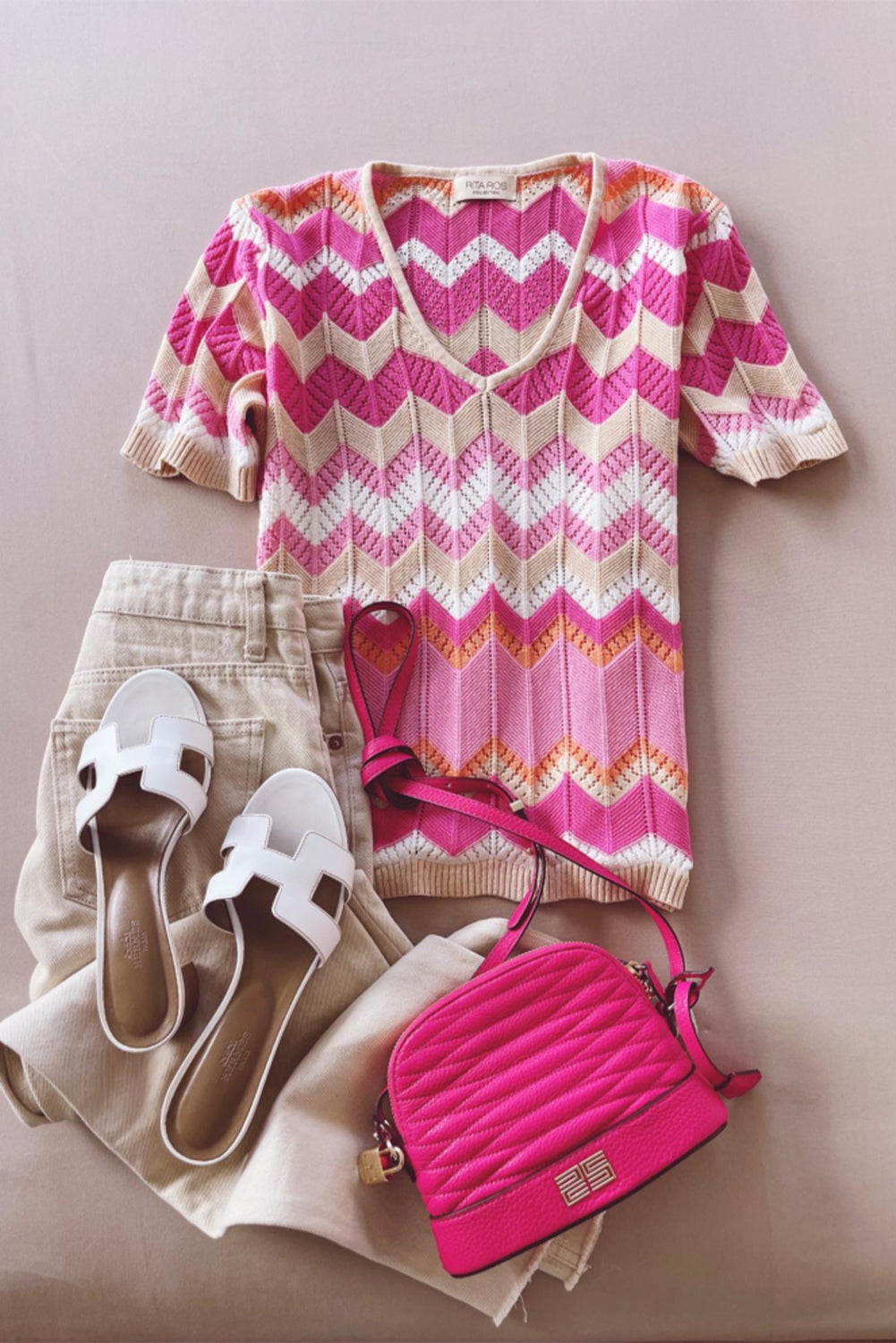 Pink Stripe Chevron Pointelle Knit V Neck Short Sleeve Sweater Sweaters & Cardigans JT's Designer Fashion
