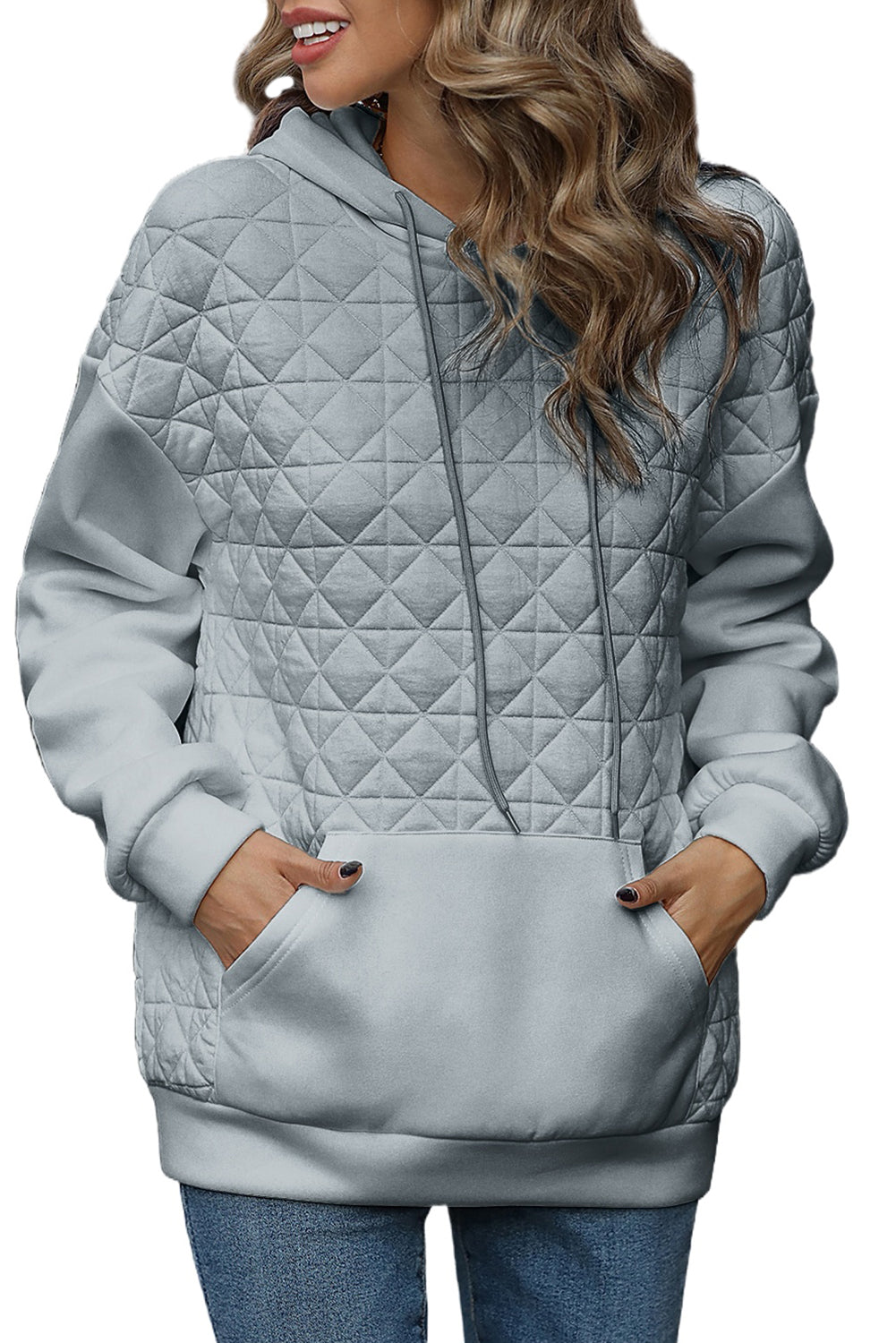 Light Grey Drop Shoulder Kangaroo Pocket Patchwork Quilted Hoodie Sweatshirts & Hoodies JT's Designer Fashion