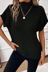 Black Ribbed Turtleneck Textured Short Sleeve Sweater Sweaters & Cardigans JT's Designer Fashion