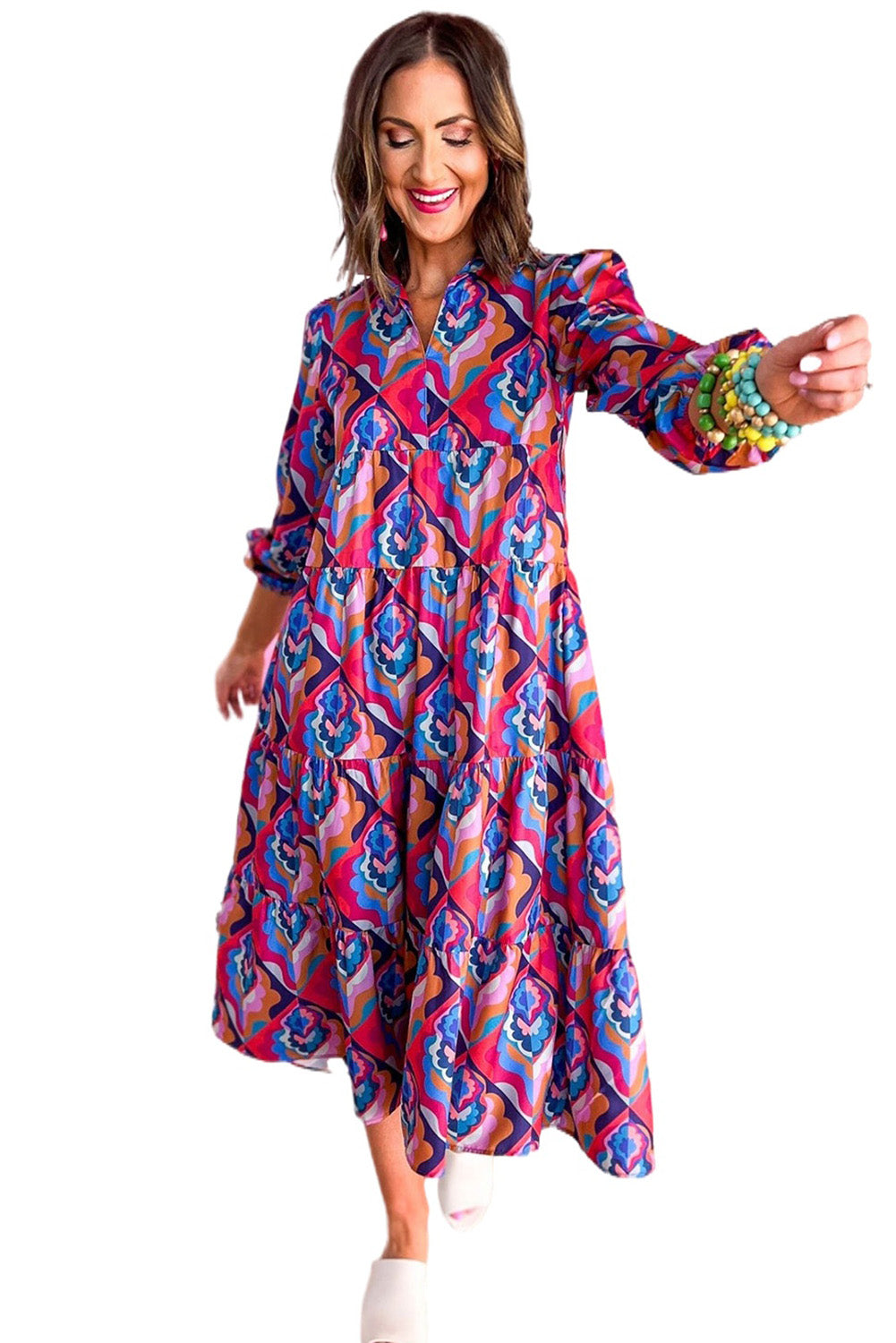 Multicolor-2 Abstract Geometric Print Long Sleeve High Waist Dress Dresses JT's Designer Fashion