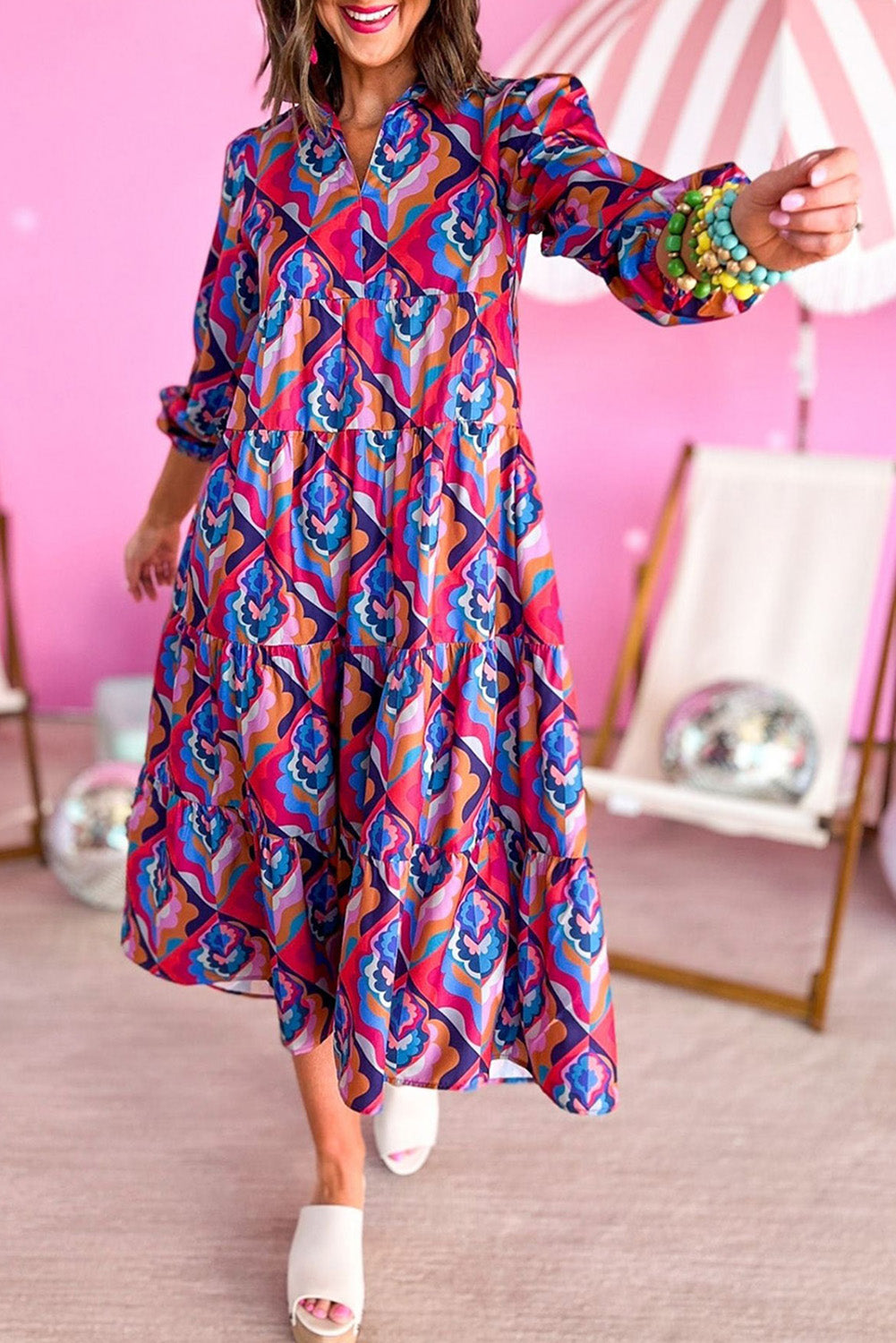Multicolor-2 Abstract Geometric Print Long Sleeve High Waist Dress Dresses JT's Designer Fashion