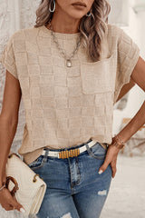 Smoke Gray Lattice Textured Knit Short Sleeve Baggy Sweater Sweaters & Cardigans JT's Designer Fashion