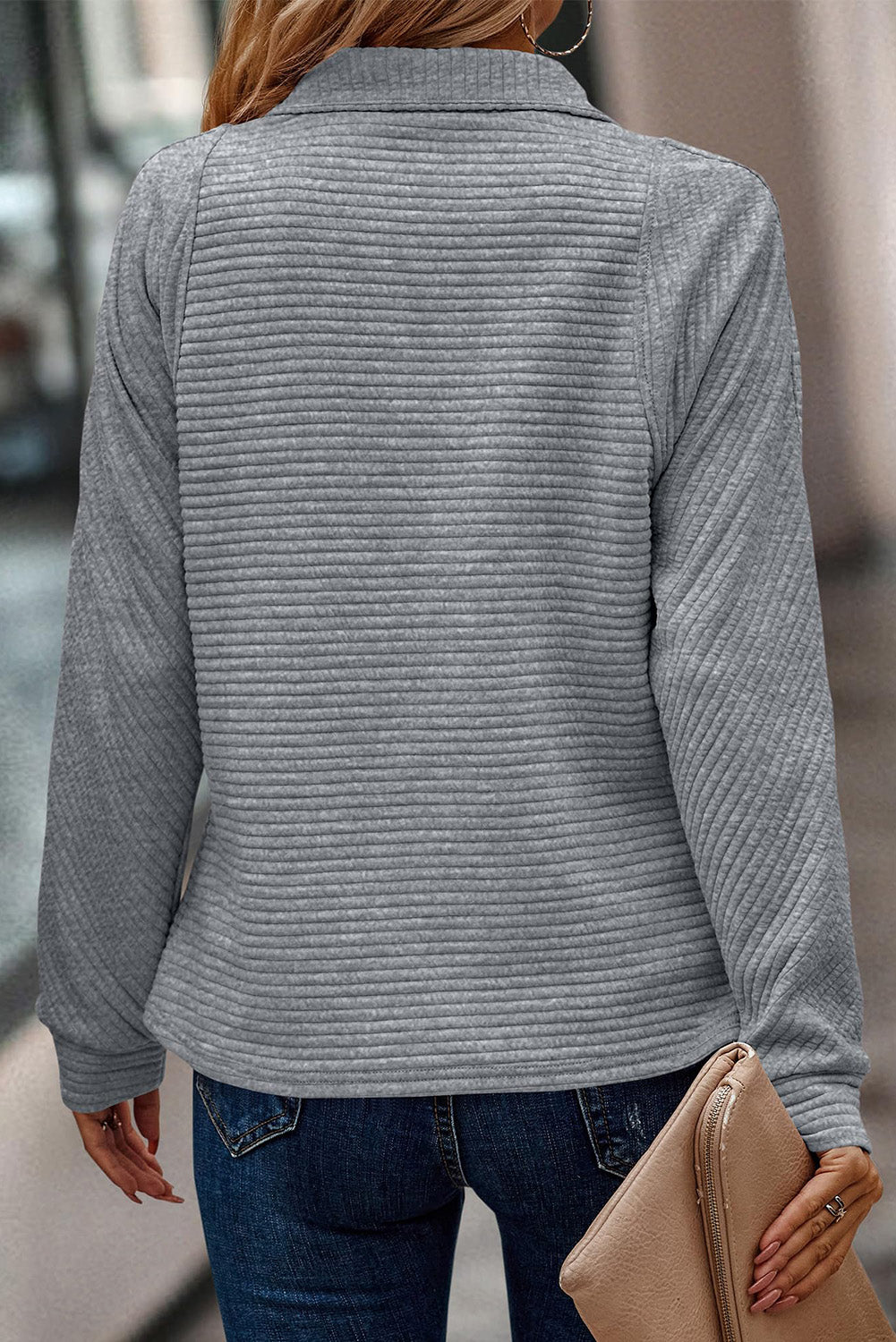 Light Grey Quarter Zipper Collared Ribbed Knit Plus Size Top Plus Size JT's Designer Fashion