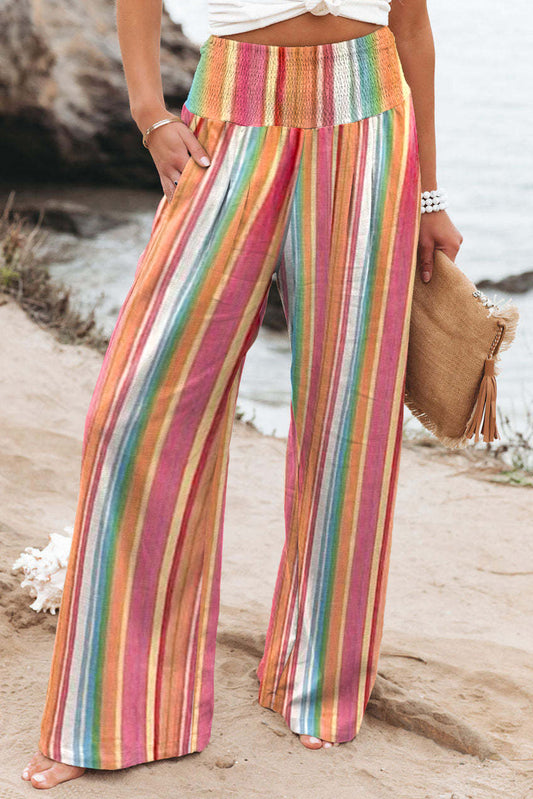 Multicolor Striped Smocked High Waist Wide Leg Pants Bottoms JT's Designer Fashion