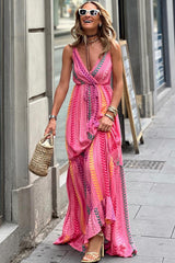 Pink Western Printed Tassel Tie Sexy V Neck Maxi Dress Dresses JT's Designer Fashion