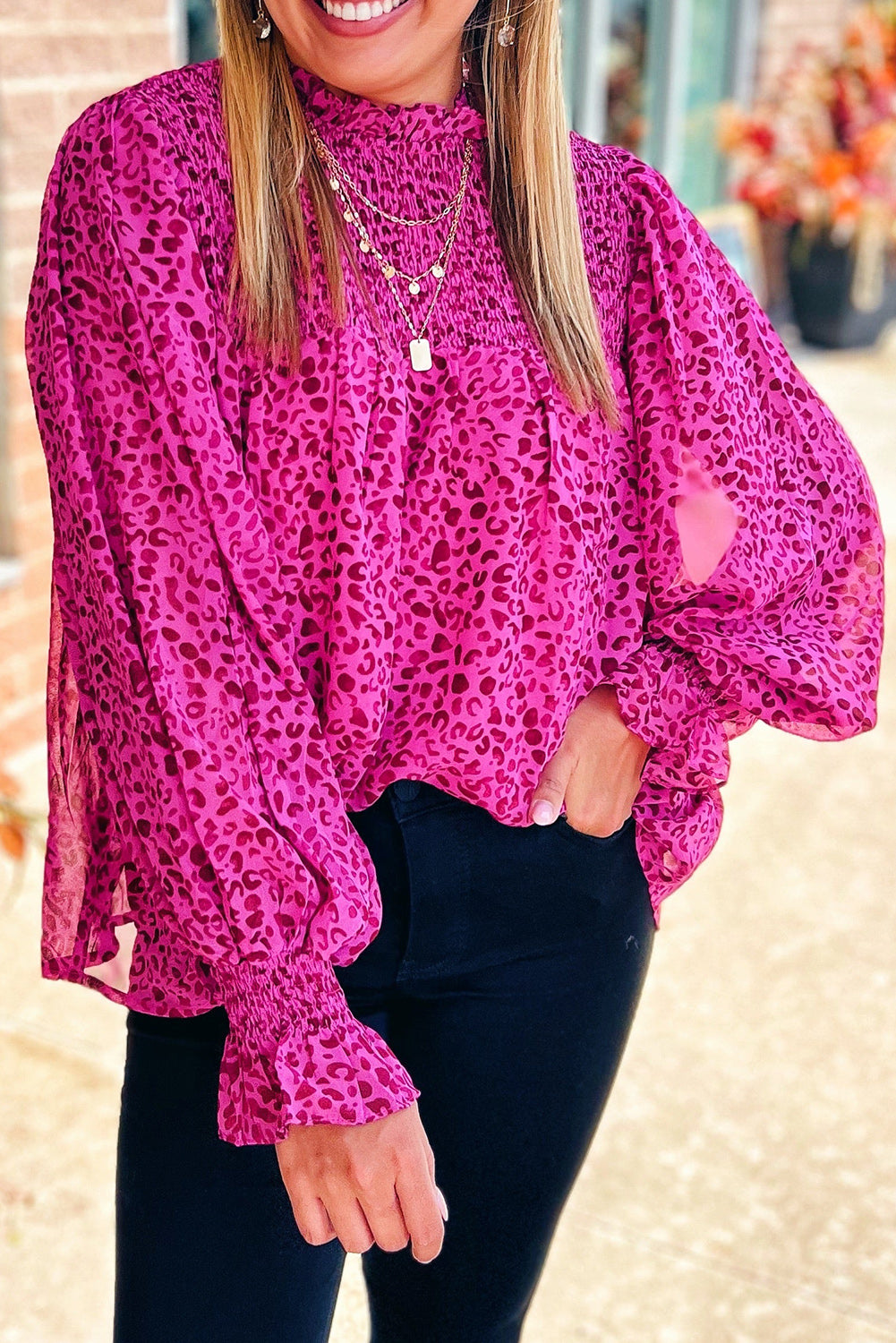 Rose Leopard Shirred Puff Sleeve Flowy Blouse Long Sleeve Tops JT's Designer Fashion