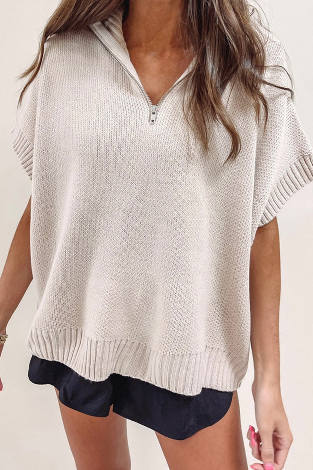 Light Grey Quarter Zip Short Batwing Sleeve Sweater Sweaters & Cardigans JT's Designer Fashion