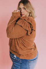 Brown Plus Size Ruffled Long Sleeve Top Plus Size JT's Designer Fashion