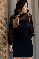Black Dotted Mesh Striped Frilled Neck Bubble Sleeve Dress Dresses JT's Designer Fashion