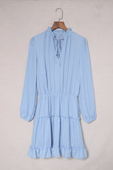 Light Blue V Neck Long Sleeve Ruffle Tiered Mini Dress Mini Dresses JT's Designer Fashion