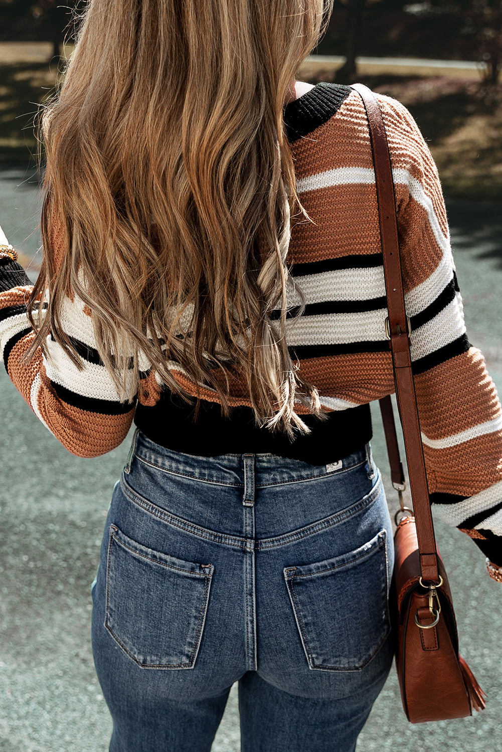 Brown Stripe Colorblock V Neck Textured Knit Sweater Sweaters & Cardigans JT's Designer Fashion