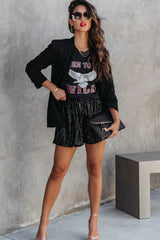 Black Sequin Straight Leg High Waist Casual Shorts Bottoms JT's Designer Fashion