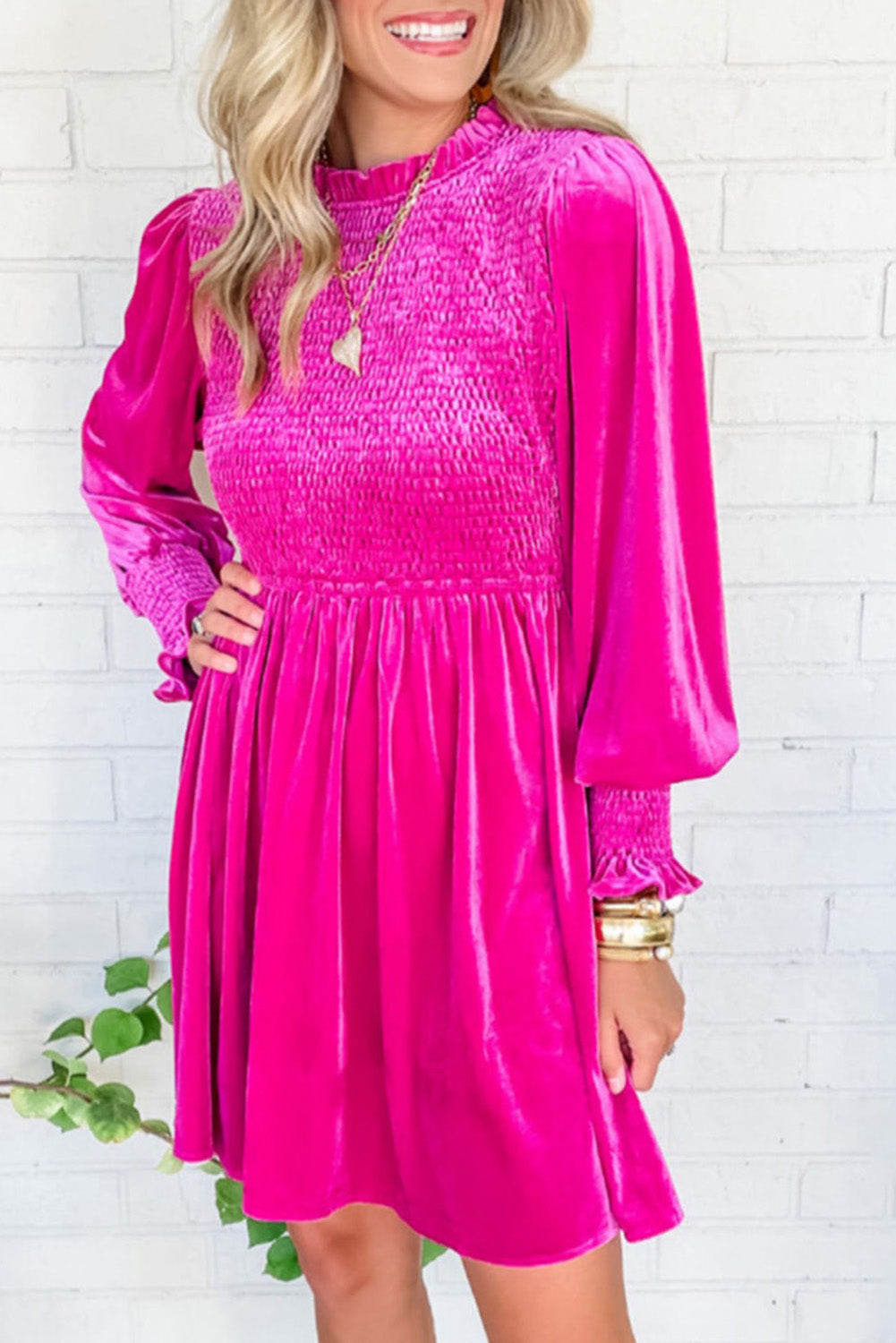 Rose Red Smocked Long Sleeve Ruffle Velvet Dress Dresses JT's Designer Fashion