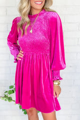 Rose Red Smocked Long Sleeve Ruffle Velvet Dress Dresses JT's Designer Fashion