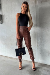 Brown Smocked High-Waist Leather Skinny Pants Bottoms JT's Designer Fashion