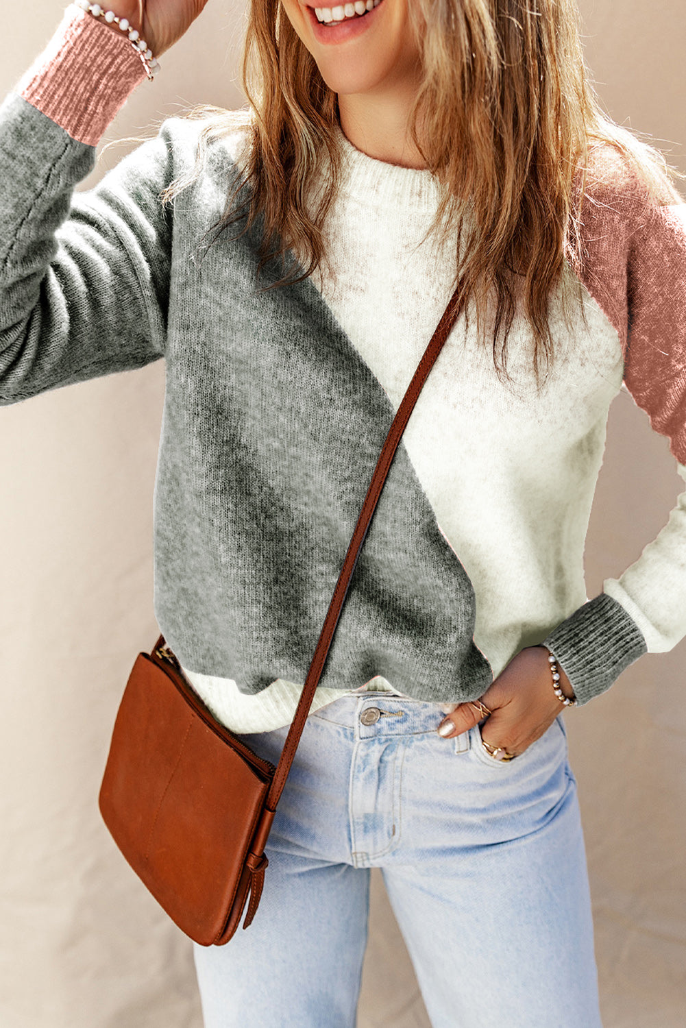 Gray Multicolor Colorblock Ribbed Trim Round Neck Sweater Sweaters & Cardigans JT's Designer Fashion