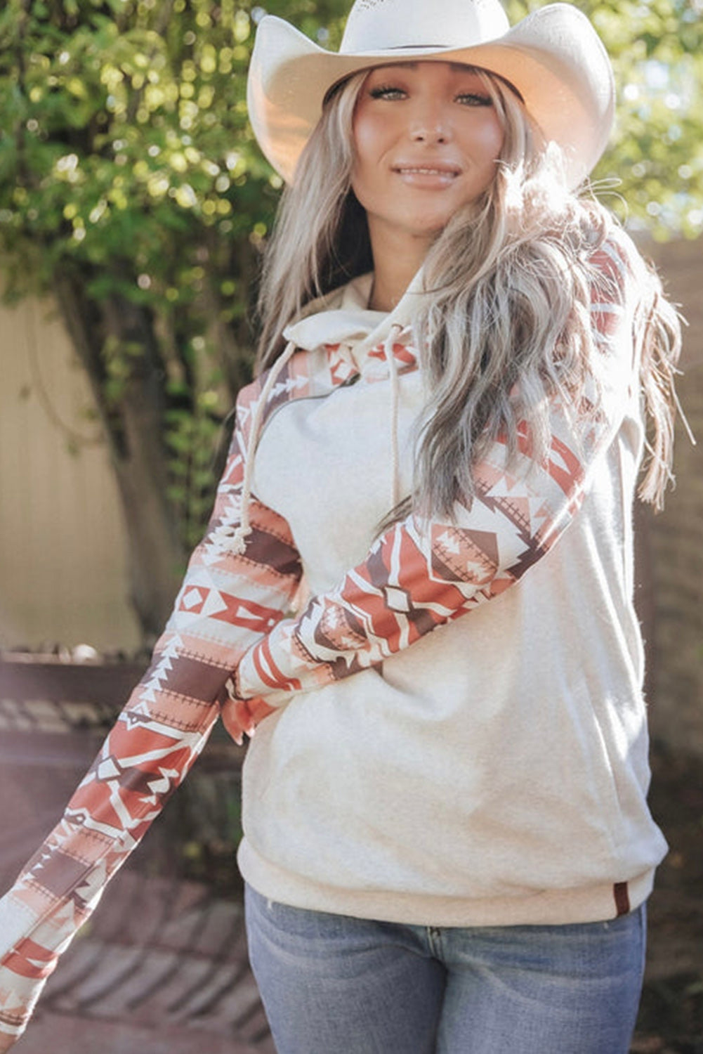 Printed Western Aztec Print Patchwork Double Hood Hoodie Sweatshirts & Hoodies JT's Designer Fashion