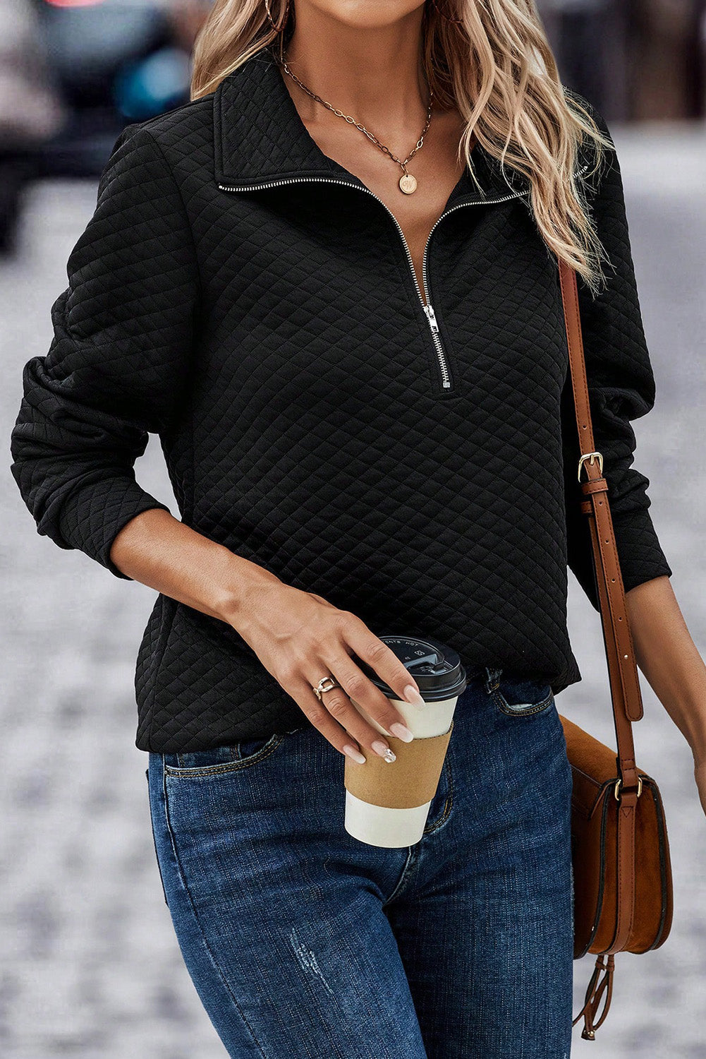 Black Solid Half Zipper Quilted Pullover Sweatshirt Sweatshirts & Hoodies JT's Designer Fashion