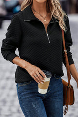Black Solid Half Zipper Quilted Pullover Sweatshirt Sweatshirts & Hoodies JT's Designer Fashion