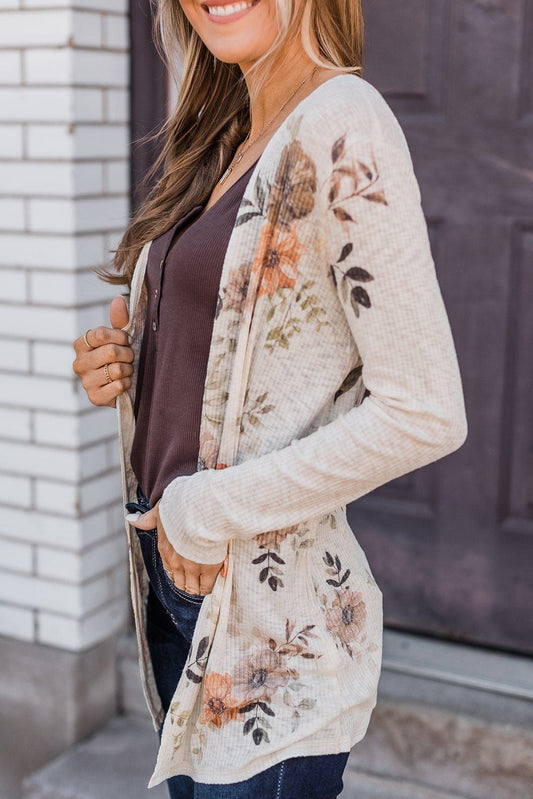 Apricot Floral Ribbed Knit Slim Fit Cardigan Sweaters & Cardigans JT's Designer Fashion