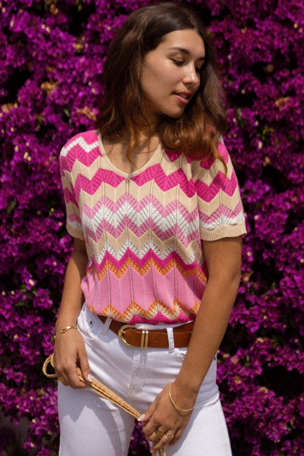 Pink Stripe Chevron Pointelle Knit V Neck Short Sleeve Sweater Sweaters & Cardigans JT's Designer Fashion