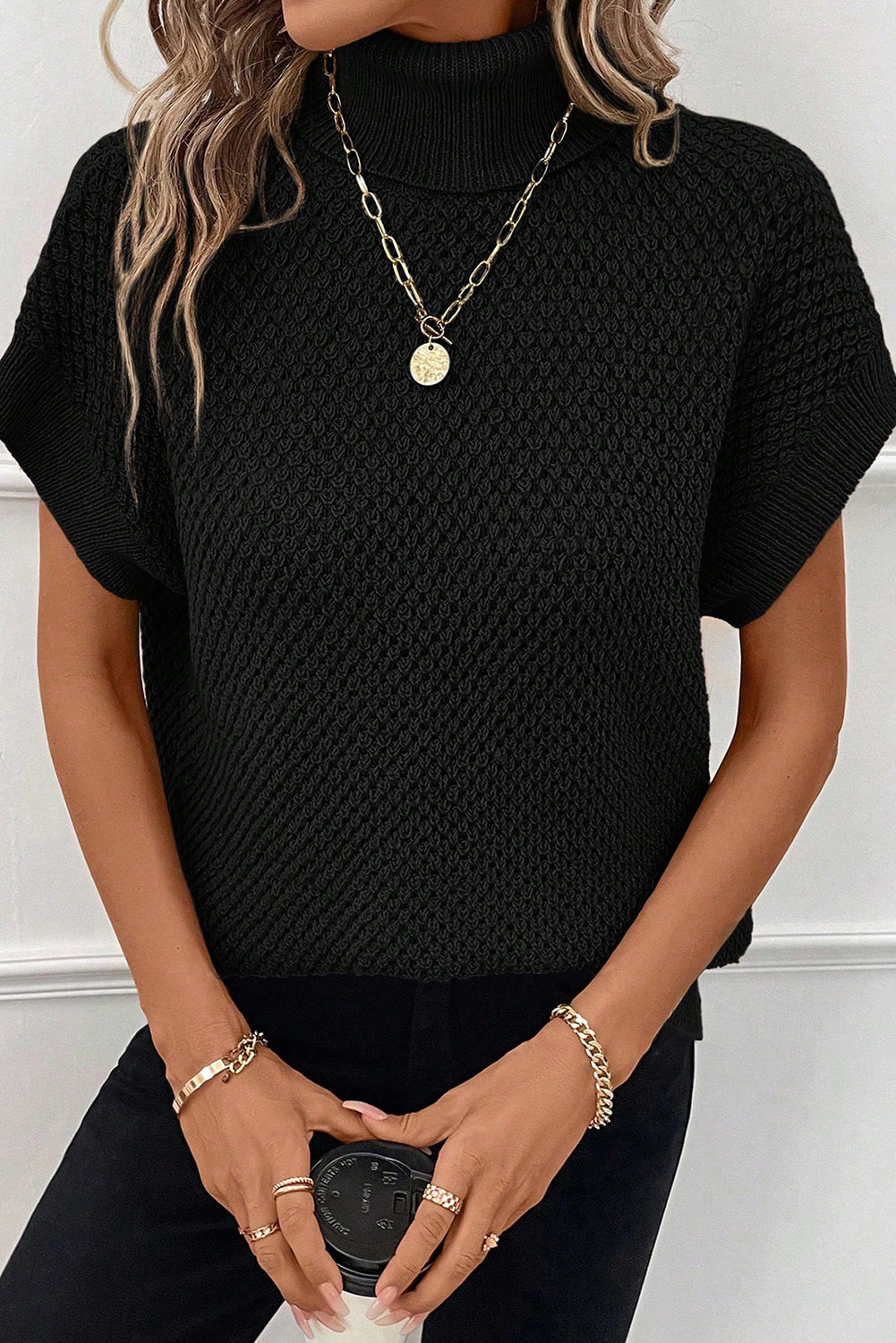 Black Ribbed Turtleneck Textured Short Sleeve Sweater Sweaters & Cardigans JT's Designer Fashion