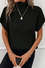 Black Ribbed Turtleneck Textured Short Sleeve Sweater Sweaters & Cardigans JT's Designer Fashion