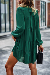 Green Puff Sleeve Mock Neck Back Knot Tiered Dress Mini Dresses JT's Designer Fashion
