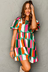 Green Abstract Print Puff Sleeve Short Dress Dresses JT's Designer Fashion