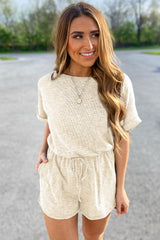 Beige Ribbed Elastic Waist Romper Jumpsuits & Rompers JT's Designer Fashion