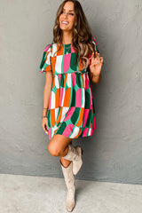 Green Abstract Print Puff Sleeve Short Dress Dresses JT's Designer Fashion