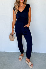 Black Shirred High Waist Sleeveless V Neck Jumpsuit Bottoms JT's Designer Fashion